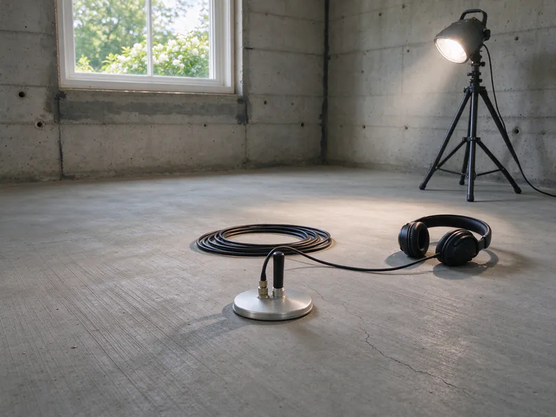 Acoustic leak detection ground microphone and headphones on a concrete floor