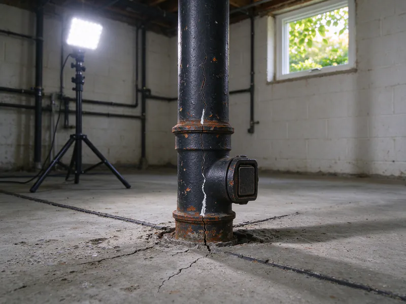 Base of a rusted cast iron drain stack with a cleanout and a long crack where it enters a basement floor