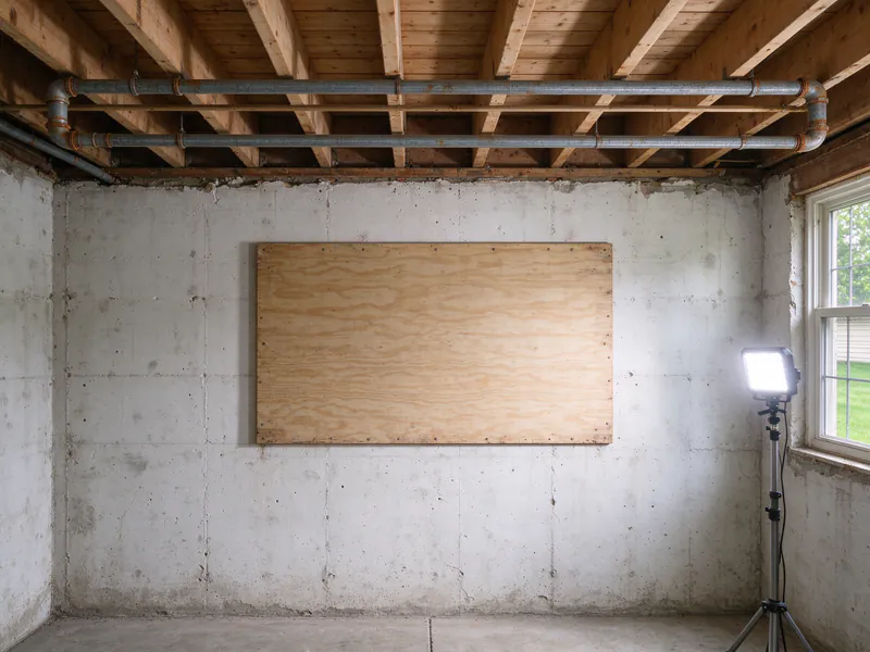 Basement wall with an empty plywood panel below two old galvanized lines
