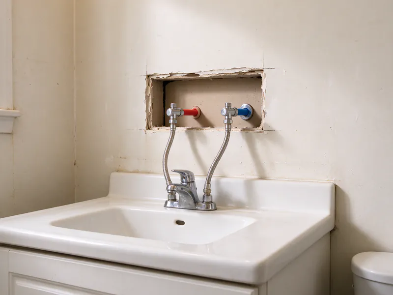Bathroom wall opening above a sink with new red and blue PEX stub-outs and angle stops feeding the faucet