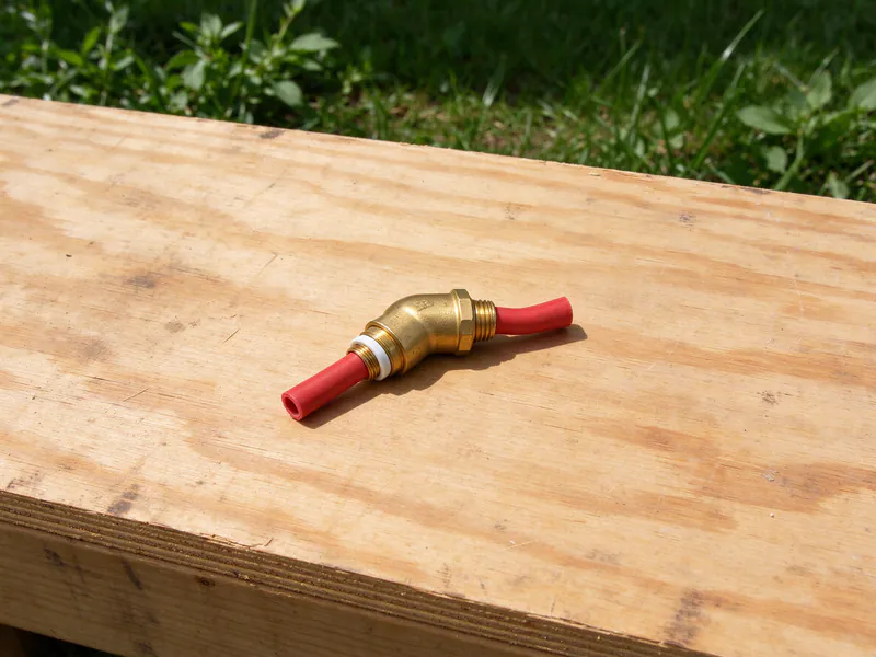 Brass PEX elbow fitting with red tubing and an expansion ring on a plywood bench