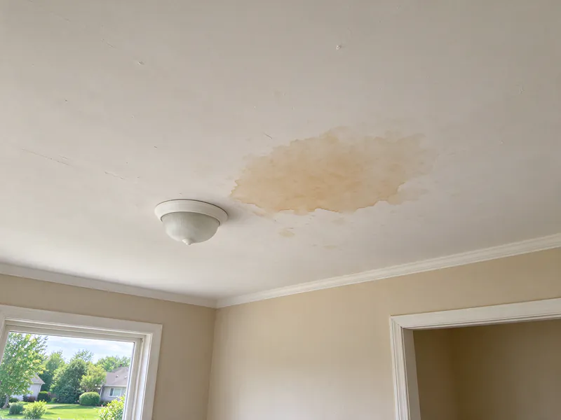 Brown water stain on a white ceiling beside a light fixture