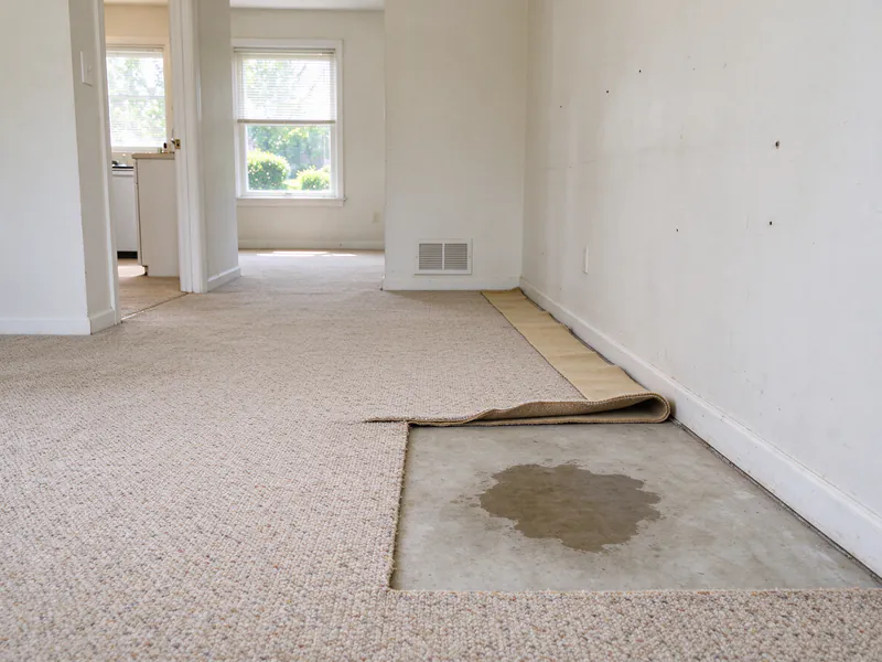 Carpet pulled back from a concrete slab floor in a hallway, showing a damp patch