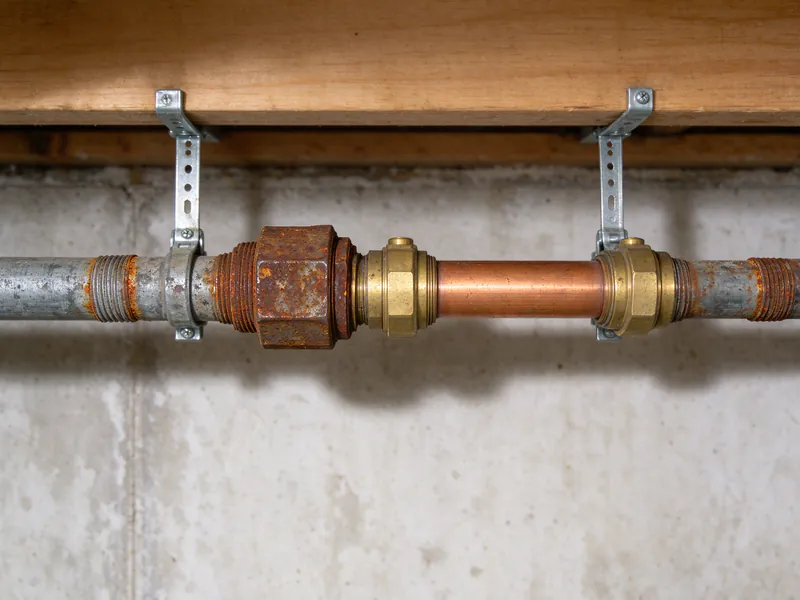 Close view of an old galvanized water pipe joint with rust at the threads, next to a newer copper section soldered into the same line