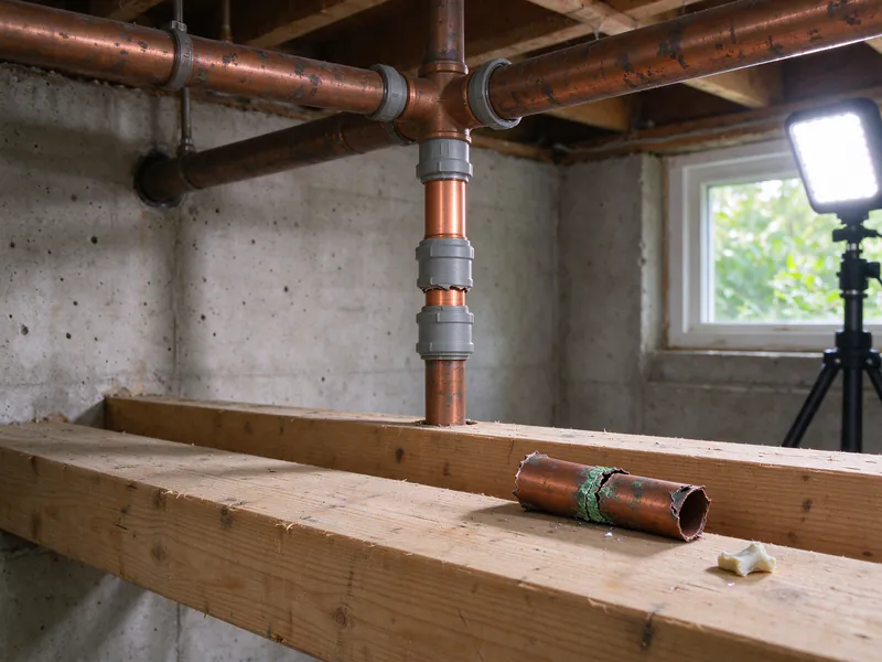 Copper supply lines with a repaired vertical section and the split piece resting on a beam
