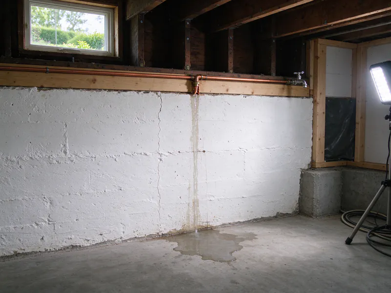 Copper water line along the sill of an Indianapolis basement with water running down the whitewashed foundation wall to a puddle