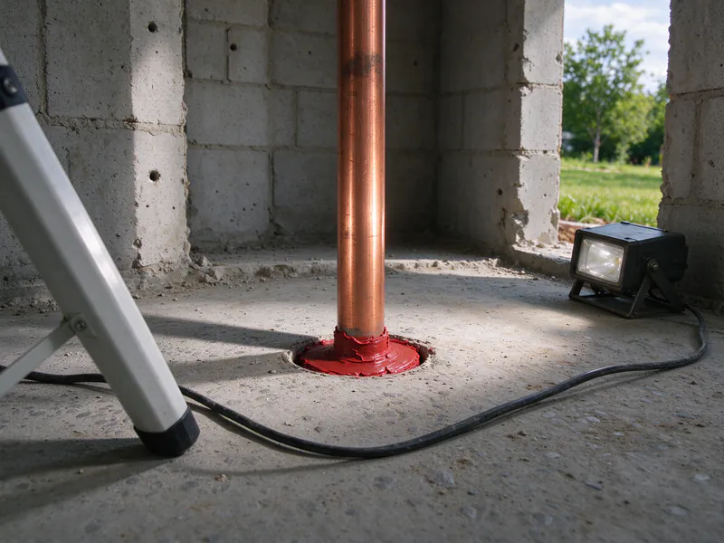 Copper water pipe rising through a concrete floor with the gap sealed in red firestop caulk