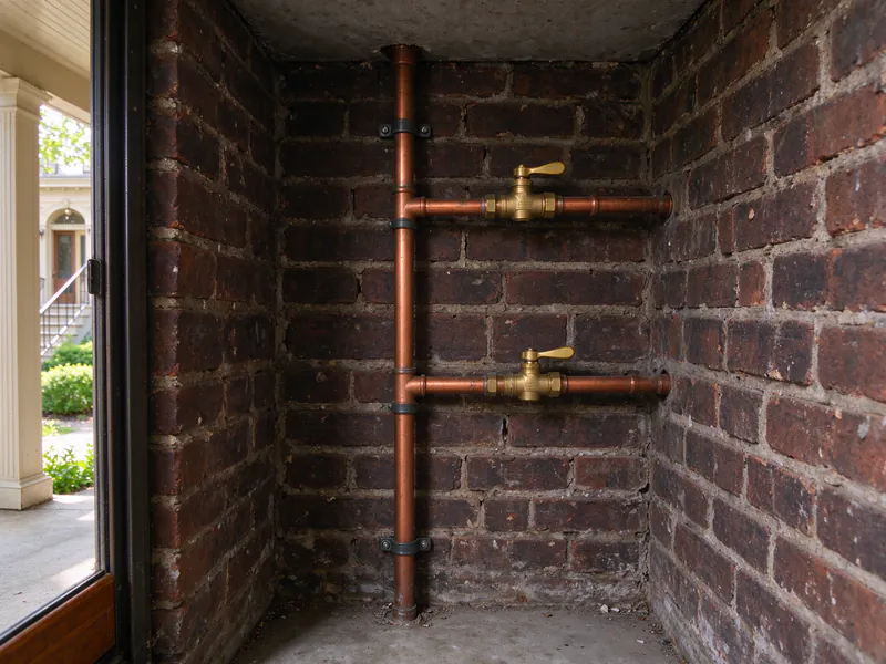 Copper water riser in a brick utility closet with a ball valve on each of two unit branches