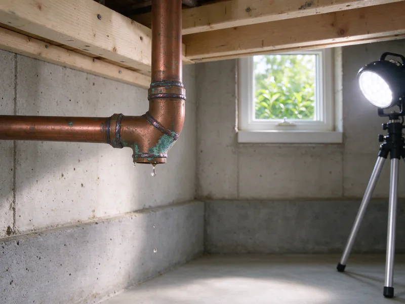 Corroded copper elbow joint dripping water at a basement wall