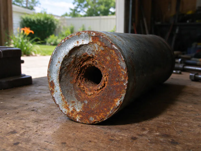 Cut end of an old galvanized water pipe with thick rust scale narrowing the opening