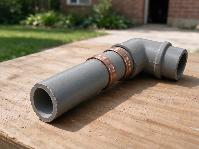 Cut piece of gray polybutylene pipe with copper crimp rings at an elbow fitting