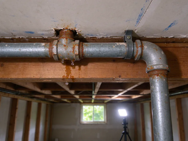Dripping rusty galvanized tee and elbow under a basement ceiling