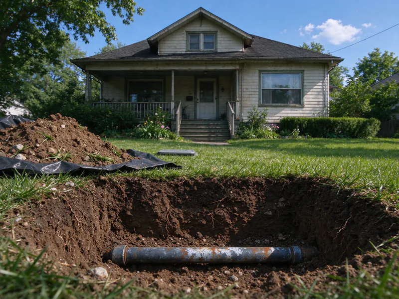 Excavation in a front lawn exposing an old rusted galvanized water service pipe in front of an older frame house