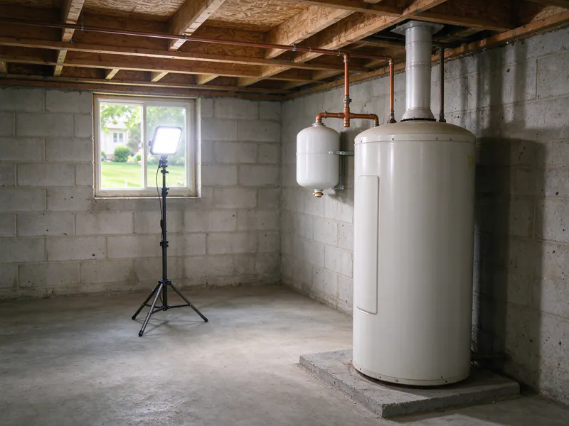 Expansion tank piped to the cold side of a water heater in an unfinished basement