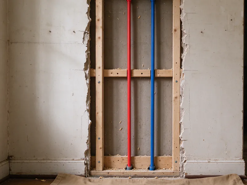 Hallway wall opening showing new red and blue PEX lines running up between studs, a drop cloth below
