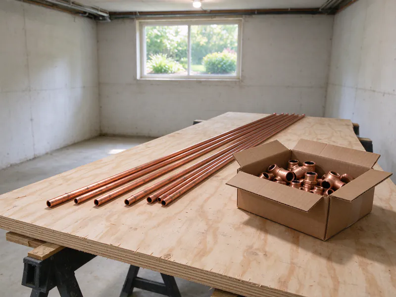 Lengths of new copper tube and a box of copper fittings on a plywood table in a basement