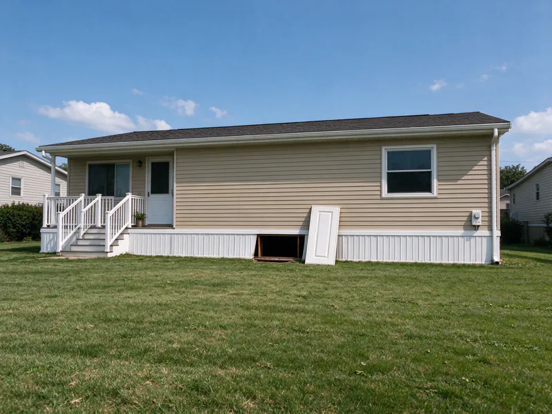 Manufactured home on a grassy lot with one skirting panel removed beside the entry steps