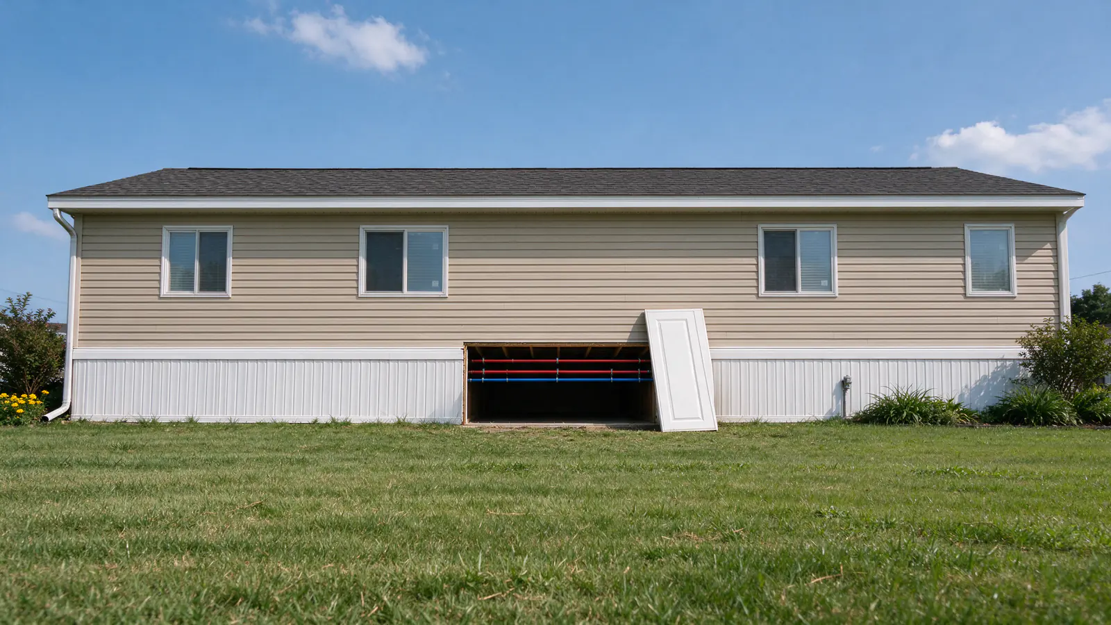 Skirting panel removed from a manufactured home on a clear day, showing the underside belly board with a section opened and new red and blue PEX lines clipped beneath the floor
