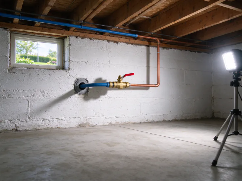 New blue service line entering a basement through a sealed sleeve into a ball valve with copper piping beyond