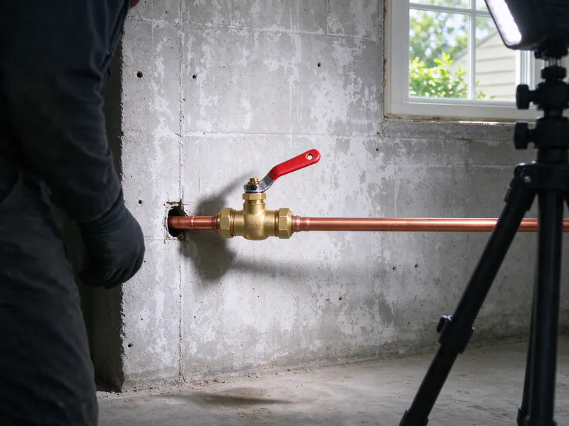 New brass ball valve with a red lever on the copper water line at a basement wall