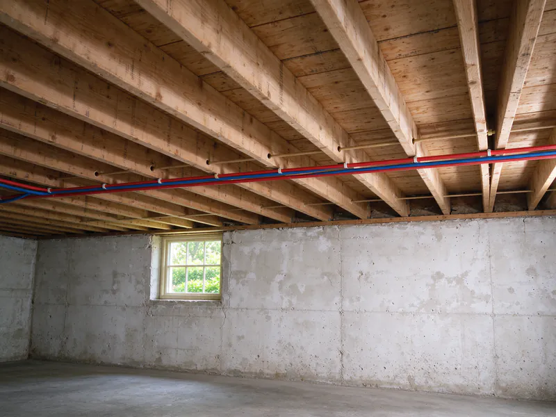 New red and blue PEX lines running through the joists of an unfinished basement