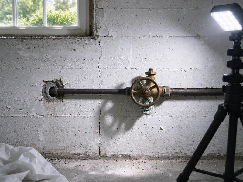 Old brass gate valve with a round wheel handle on the water line where it enters a basement wall