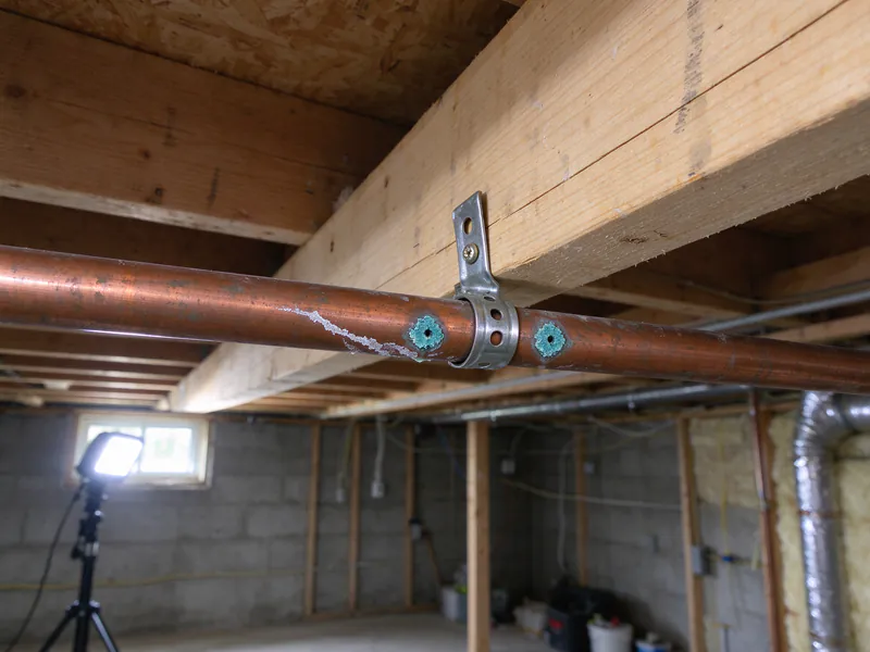 Old copper water pipe under a basement joist with two blue-green corrosion spots at pinholes