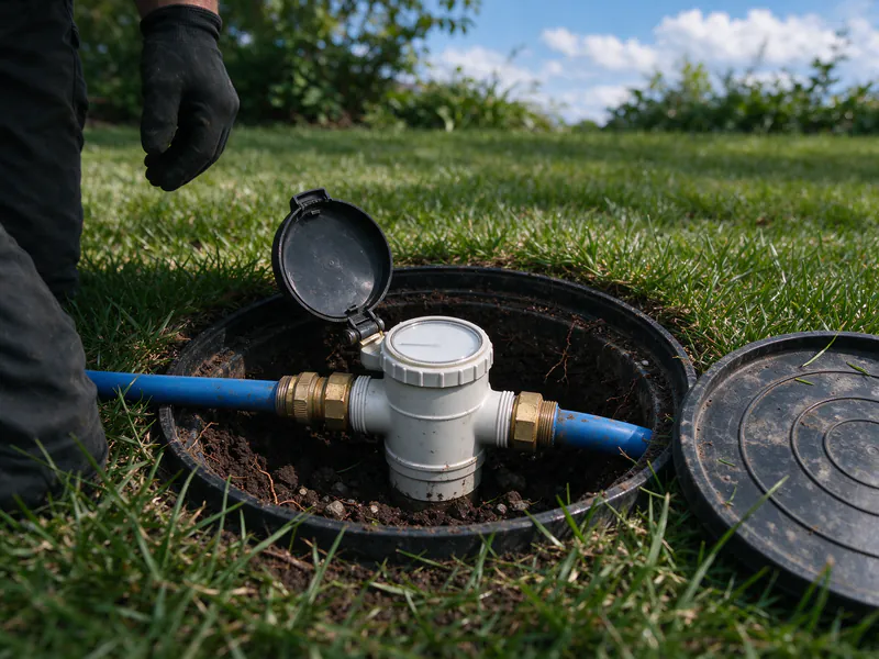 Open meter pit in a front lawn with the meter lid flipped up and blue service tubing