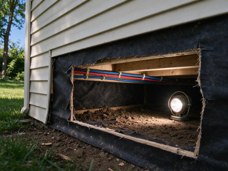 Opened underside of a manufactured home with new red and blue PEX lines clipped to the floor framing, lit by a work light