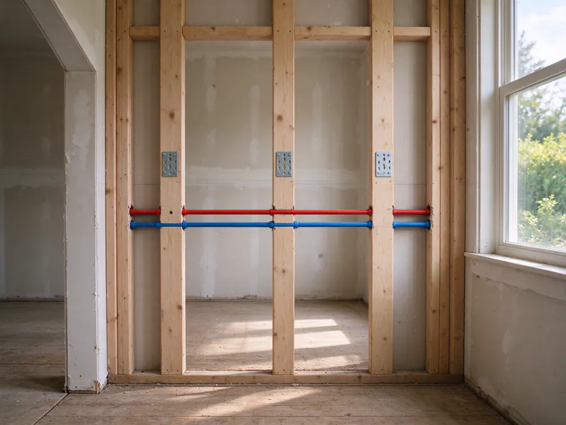 Red and blue PEX lines through drilled studs with metal protection plates in an open interior wall