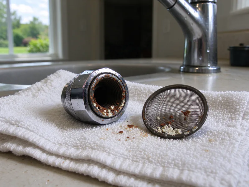 Removed faucet aerator and screen holding rust-colored and white sediment on a towel