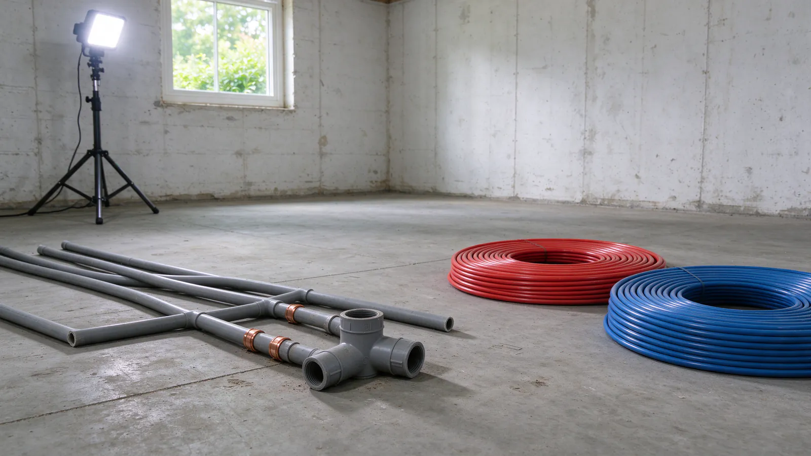 Gray polybutylene supply tubing with copper crimp rings at a plastic tee, cut out and laid beside new red and blue PEX on an unfinished basement floor