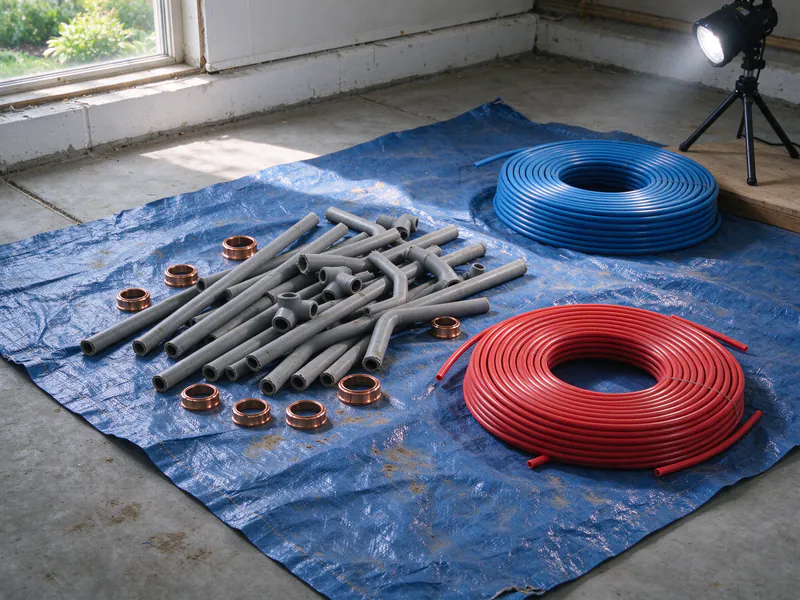 Removed gray polybutylene tubing, fittings and crimp rings on a tarp beside new red and blue PEX coils