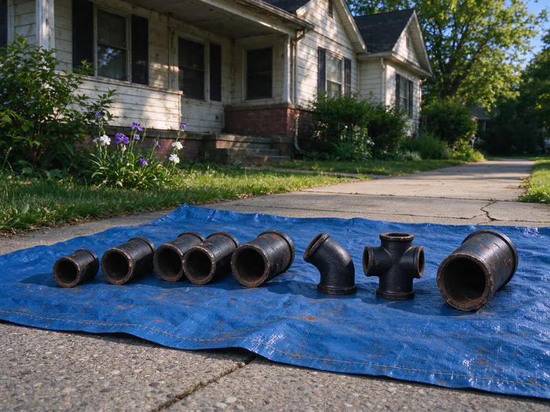 Removed sections of old black cast iron pipe and fittings laid on a blue tarp on the front walk of an older house