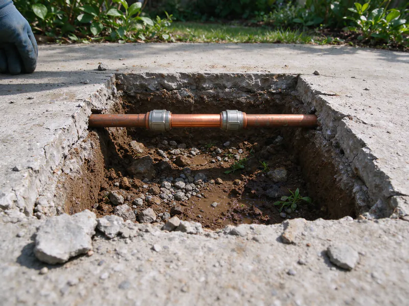 Repaired copper water line with two couplings in a square opening cut through a concrete slab