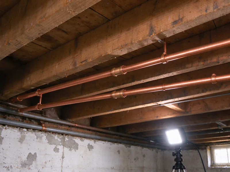 The same basement ceiling with new copper water lines in place of the galvanized pipe
