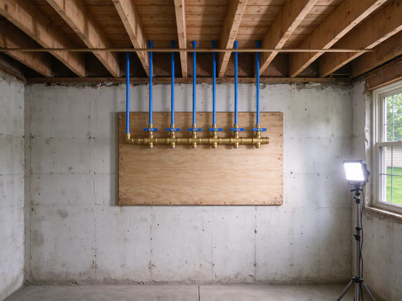 The same basement wall with a new PEX manifold and blue lines rising into the joists