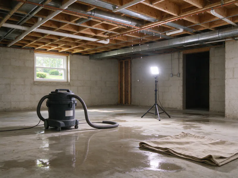 Shop vacuum and a folded drop cloth on a wet basement floor below dripping ceiling pipes