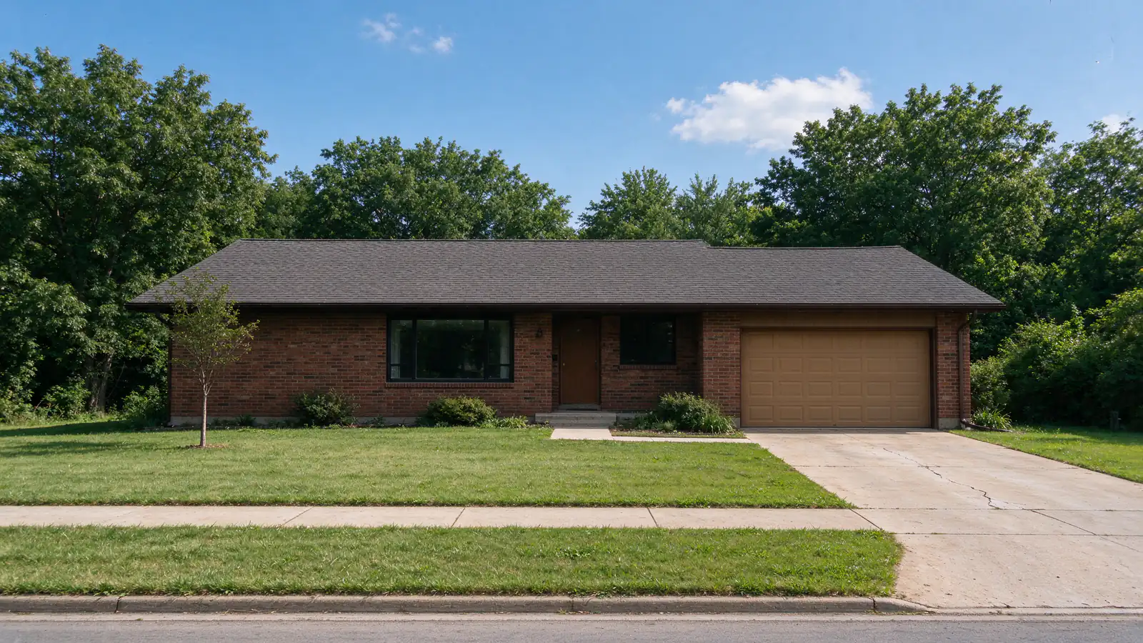 Single-story brick ranch house with a low-pitched roof and an attached garage on a quiet south-side street in Greenwood, Indiana, in daylight with a mowed lawn