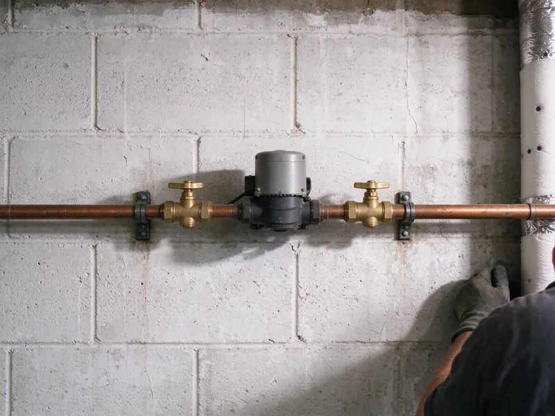 Small circulator pump between two valves on a copper line along a basement block wall