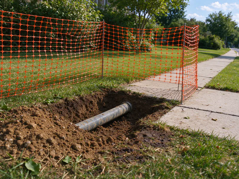 Small excavation beside a sidewalk exposing an old gray service pipe, fenced with orange safety mesh