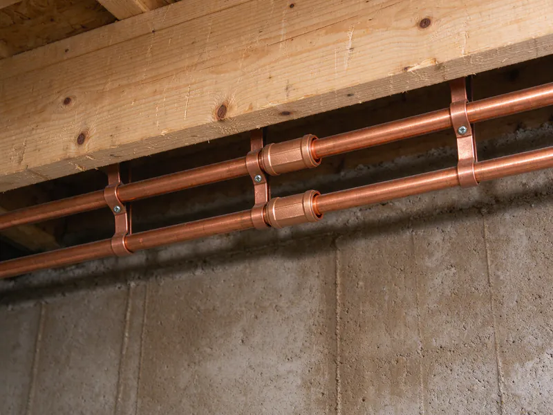 Two new copper water pipes with press couplings strapped under a wood joist