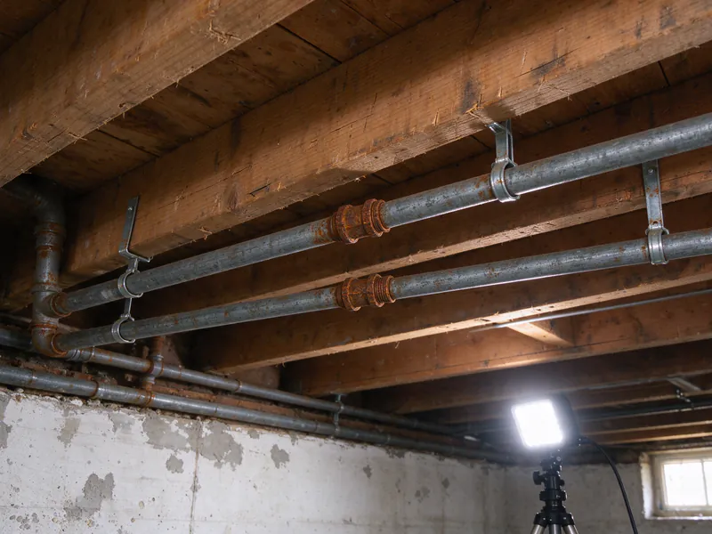 Two old galvanized water lines with rusty threaded couplings under the joists of an Indianapolis basement