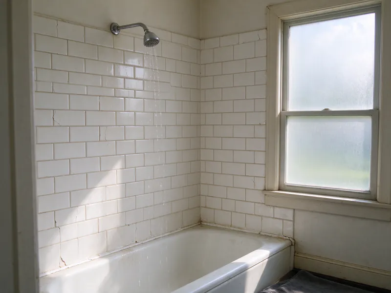 Weak trickle of water from a showerhead over a white tub in a tiled bathroom
